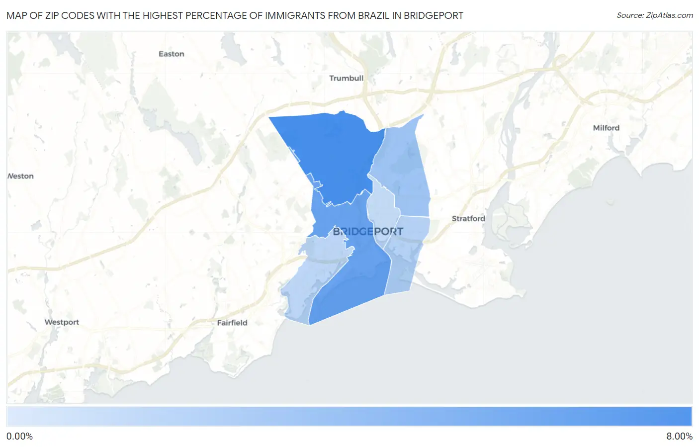 Zip Codes with the Highest Percentage of Immigrants from Brazil in Bridgeport Map