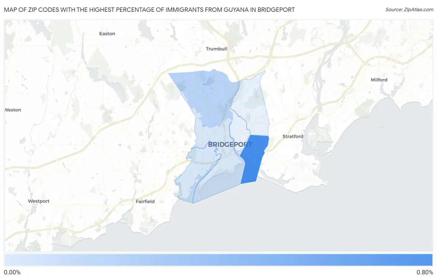 Zip Codes with the Highest Percentage of Immigrants from Guyana in Bridgeport Map