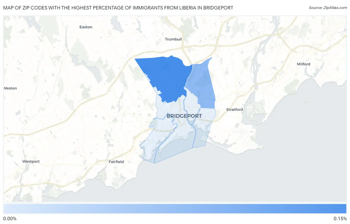 Zip Codes with the Highest Percentage of Immigrants from Liberia in Bridgeport Map