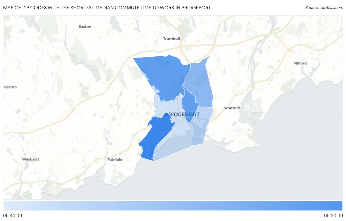 Zip Codes with the Shortest Median Commute Time to Work in Bridgeport Map