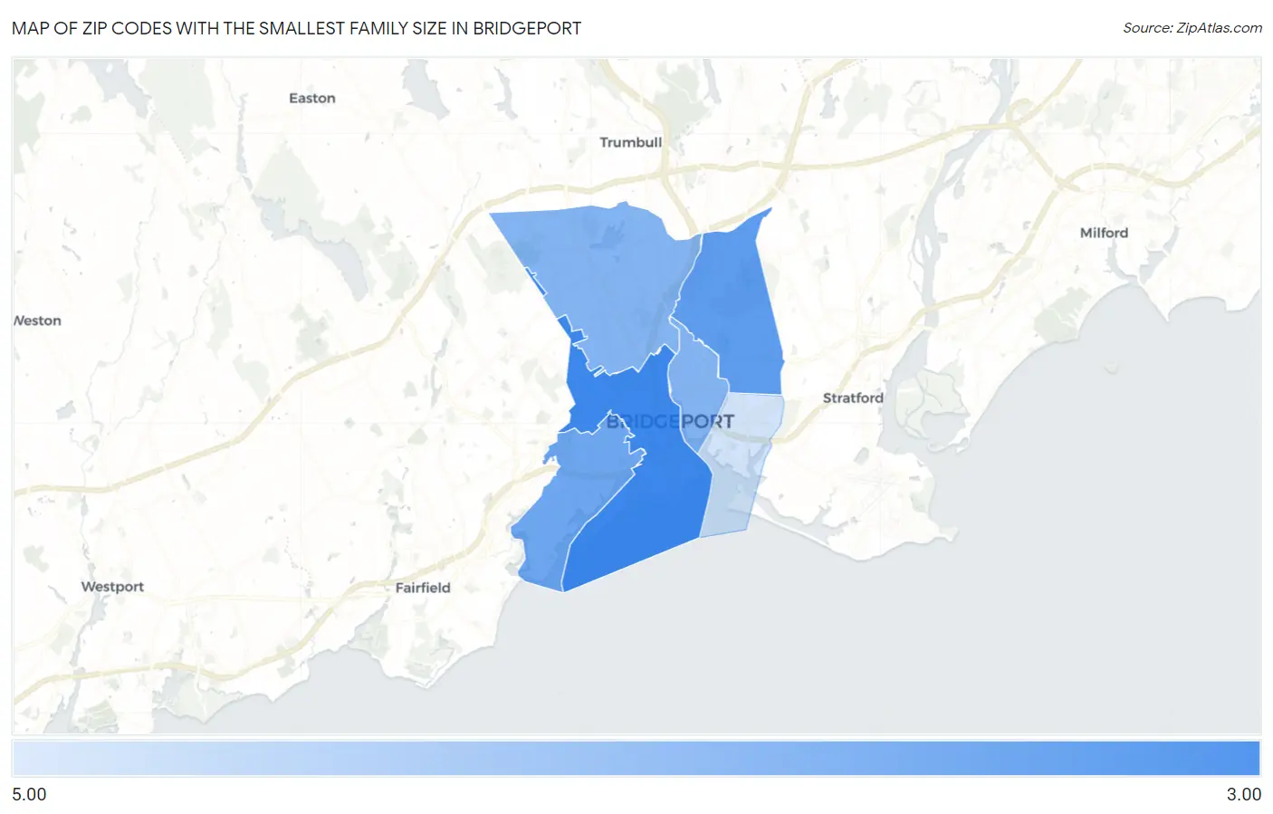 Zip Codes with the Smallest Family Size in Bridgeport Map