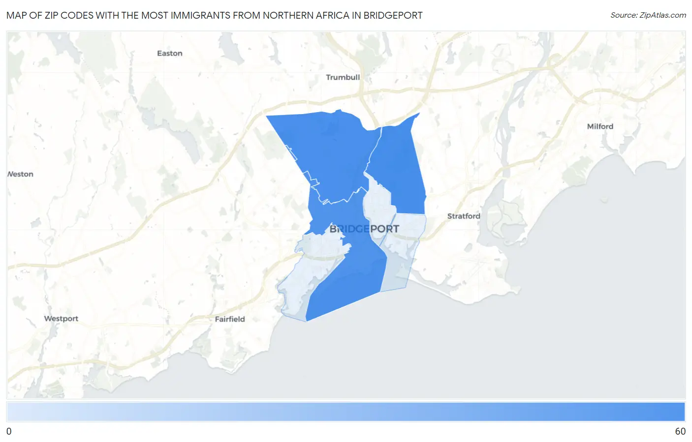 Zip Codes with the Most Immigrants from Northern Africa in Bridgeport Map
