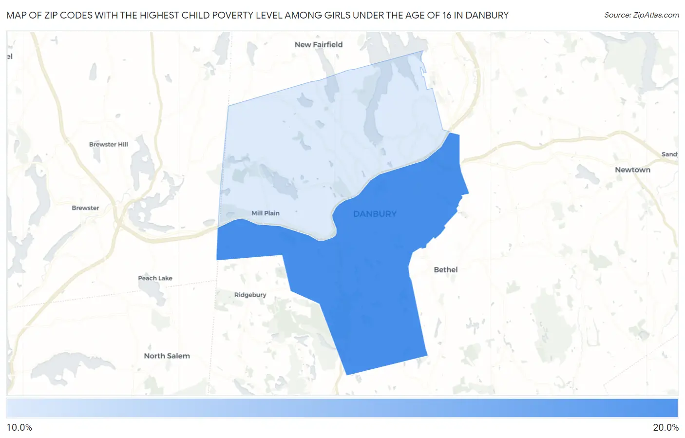 Zip Codes with the Highest Child Poverty Level Among Girls Under the Age of 16 in Danbury Map