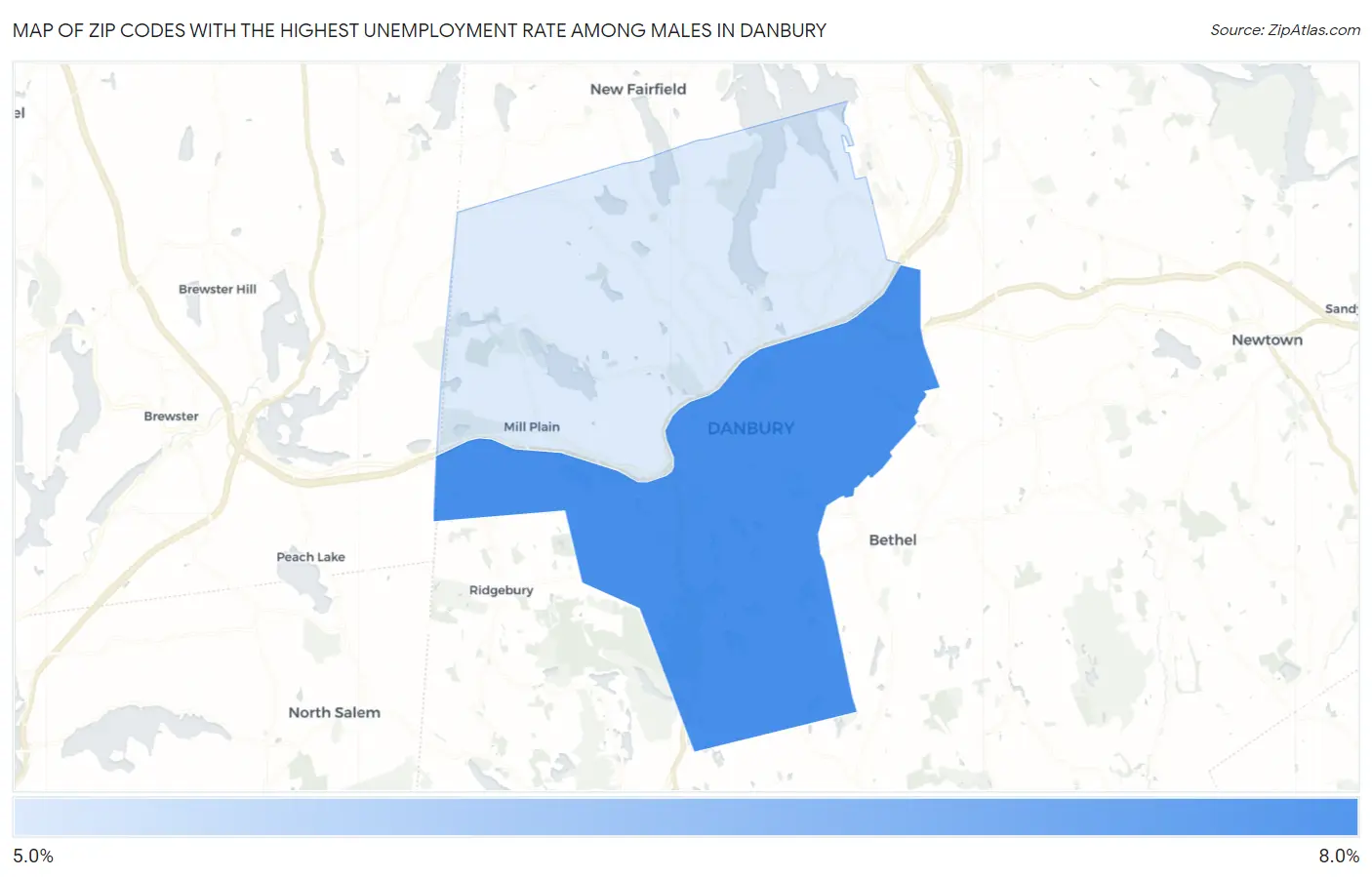 Zip Codes with the Highest Unemployment Rate Among Males in Danbury Map