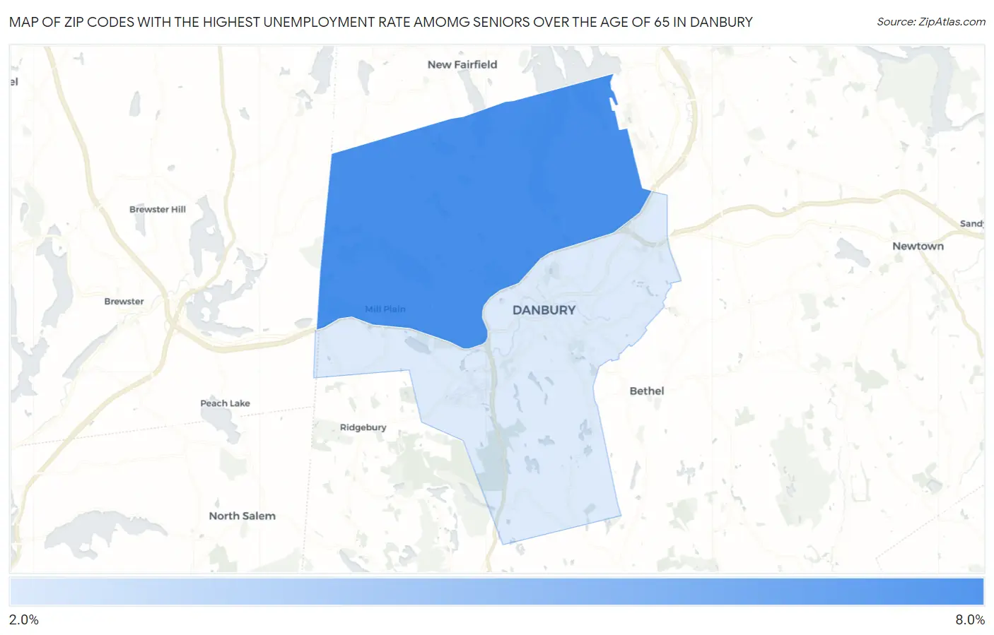Zip Codes with the Highest Unemployment Rate Amomg Seniors Over the Age of 65 in Danbury Map
