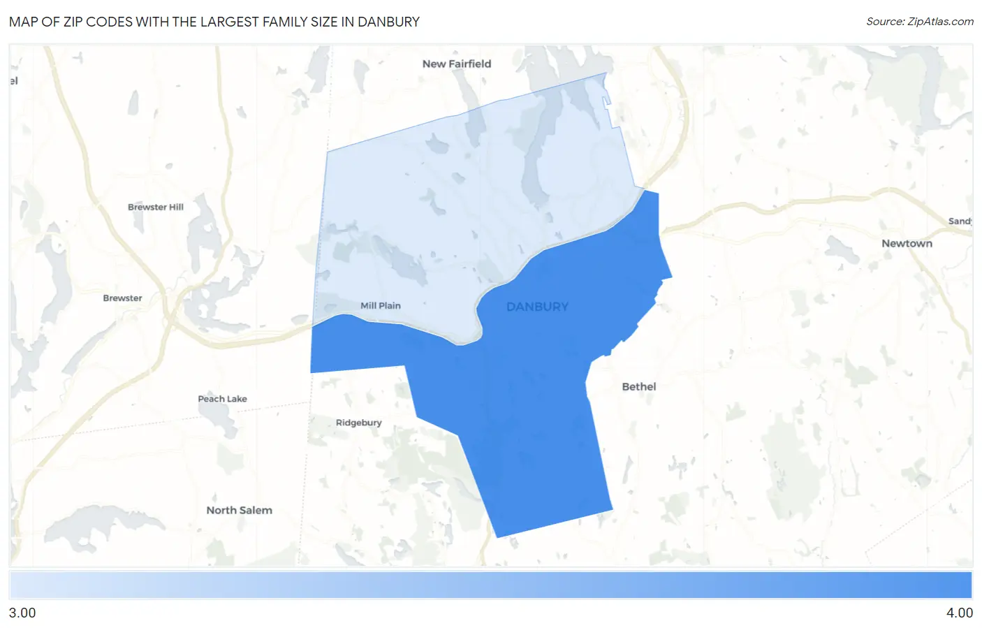 Zip Codes with the Largest Family Size in Danbury Map