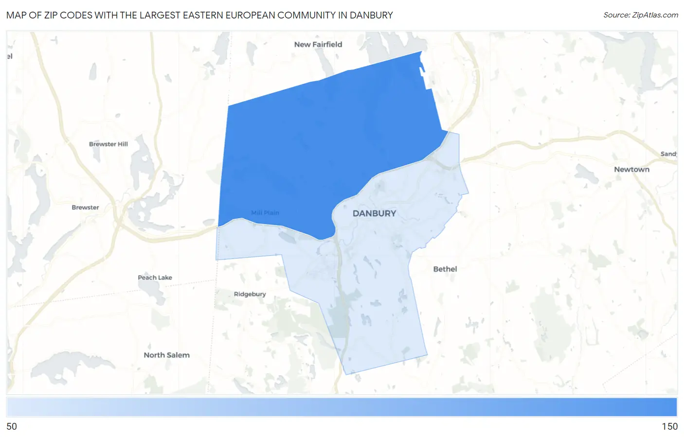 Zip Codes with the Largest Eastern European Community in Danbury Map