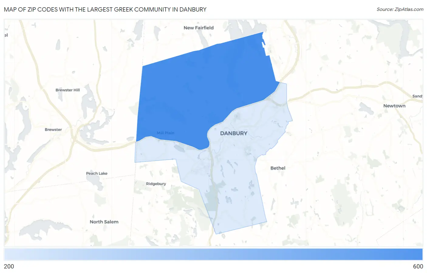 Zip Codes with the Largest Greek Community in Danbury Map