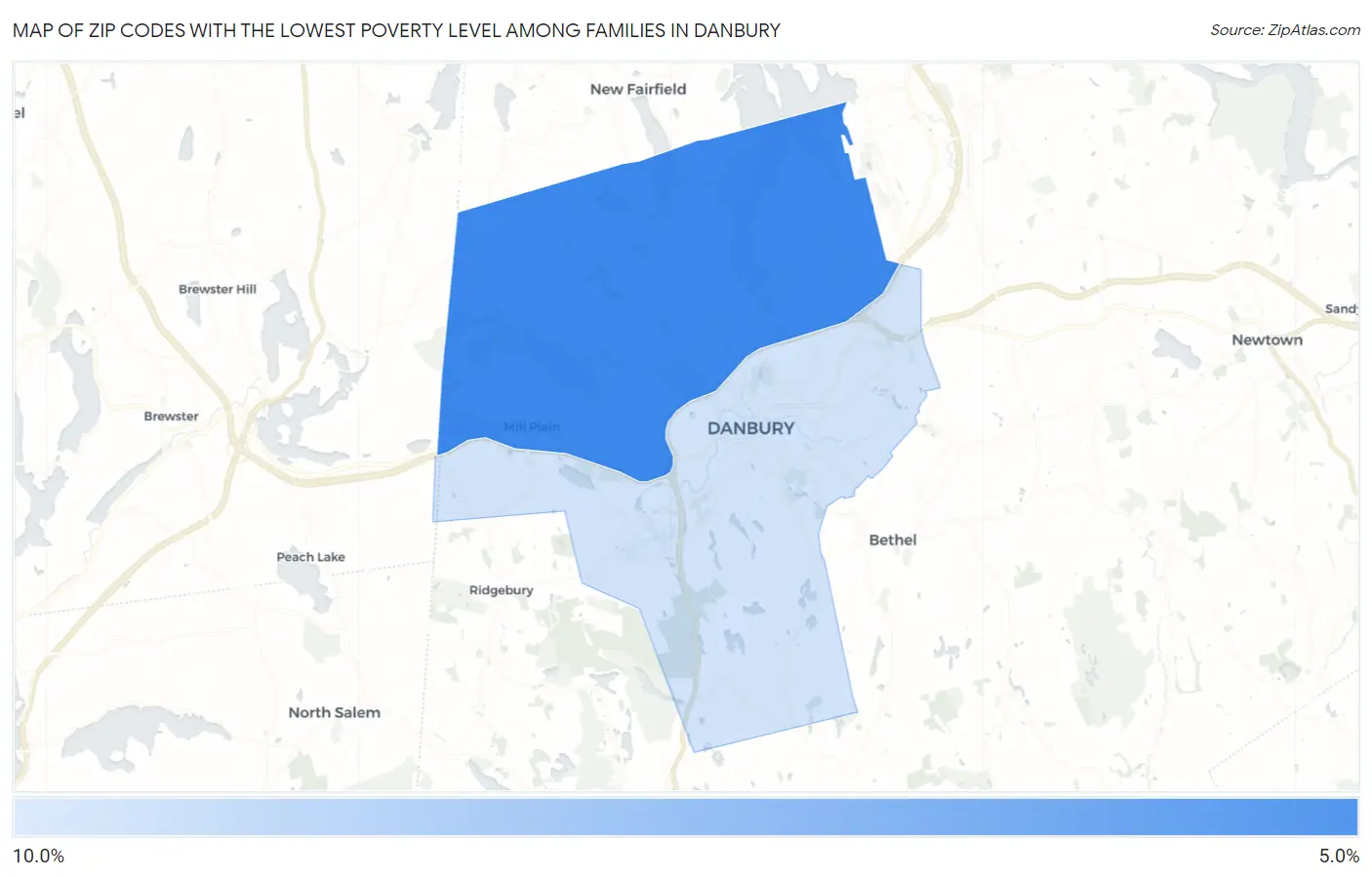 Zip Codes with the Lowest Poverty Level Among Families in Danbury Map