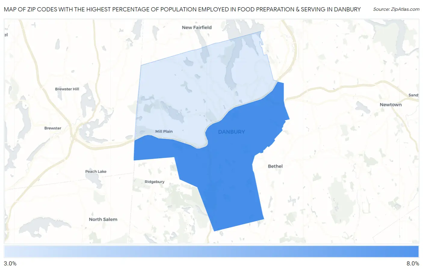 Zip Codes with the Highest Percentage of Population Employed in Food Preparation & Serving in Danbury Map