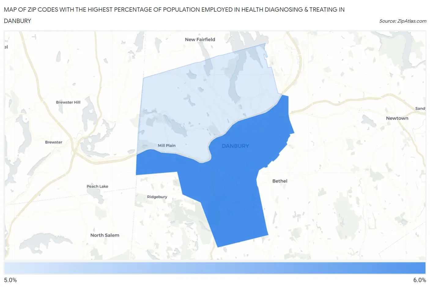 Zip Codes with the Highest Percentage of Population Employed in Health Diagnosing & Treating in Danbury Map