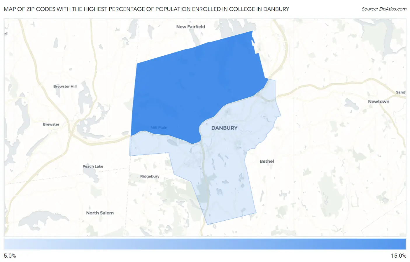Zip Codes with the Highest Percentage of Population Enrolled in College in Danbury Map
