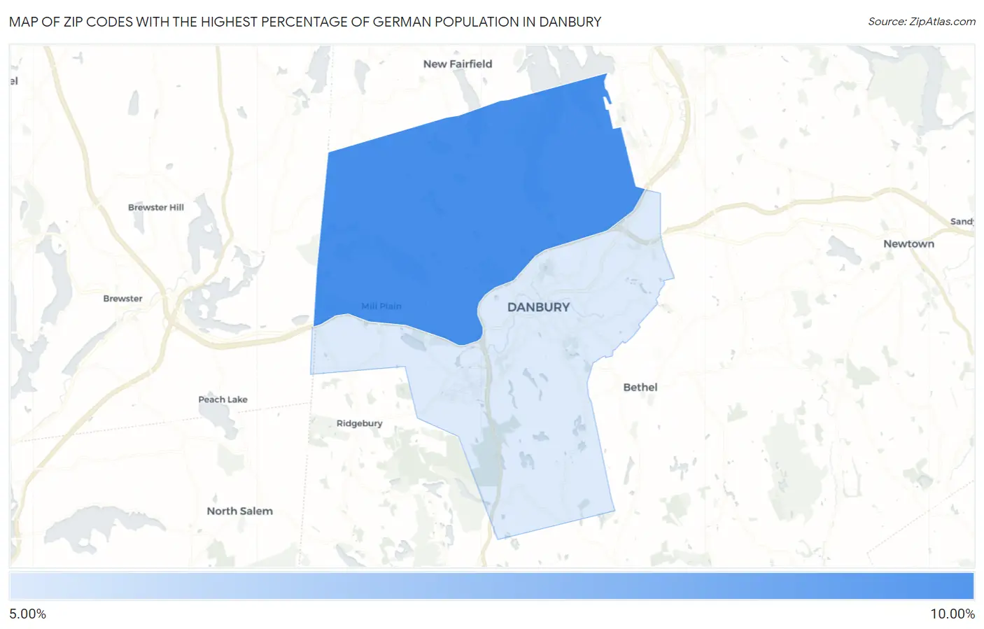 Zip Codes with the Highest Percentage of German Population in Danbury Map