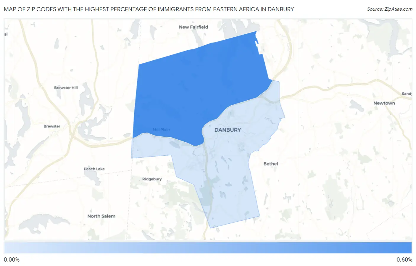Zip Codes with the Highest Percentage of Immigrants from Eastern Africa in Danbury Map