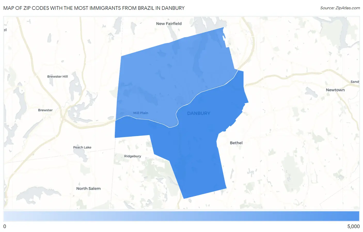 Zip Codes with the Most Immigrants from Brazil in Danbury Map