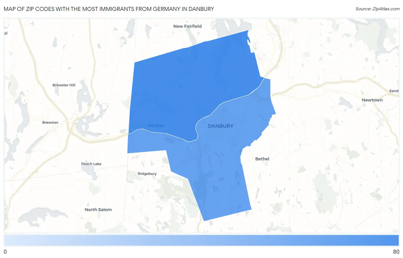 Zip Codes with the Most Immigrants from Germany in Danbury Map