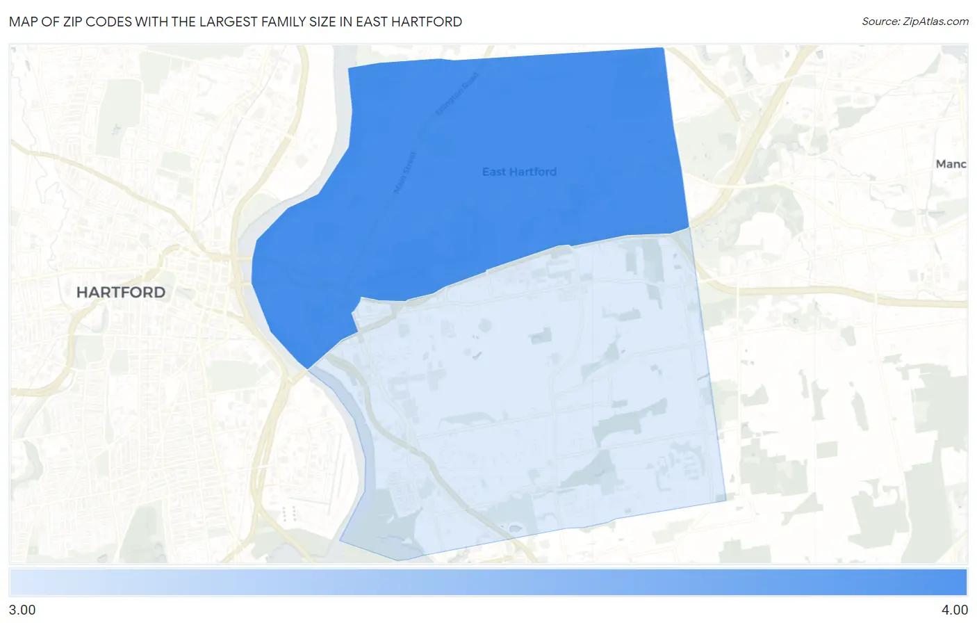 Zip Codes with the Largest Family Size in East Hartford Map