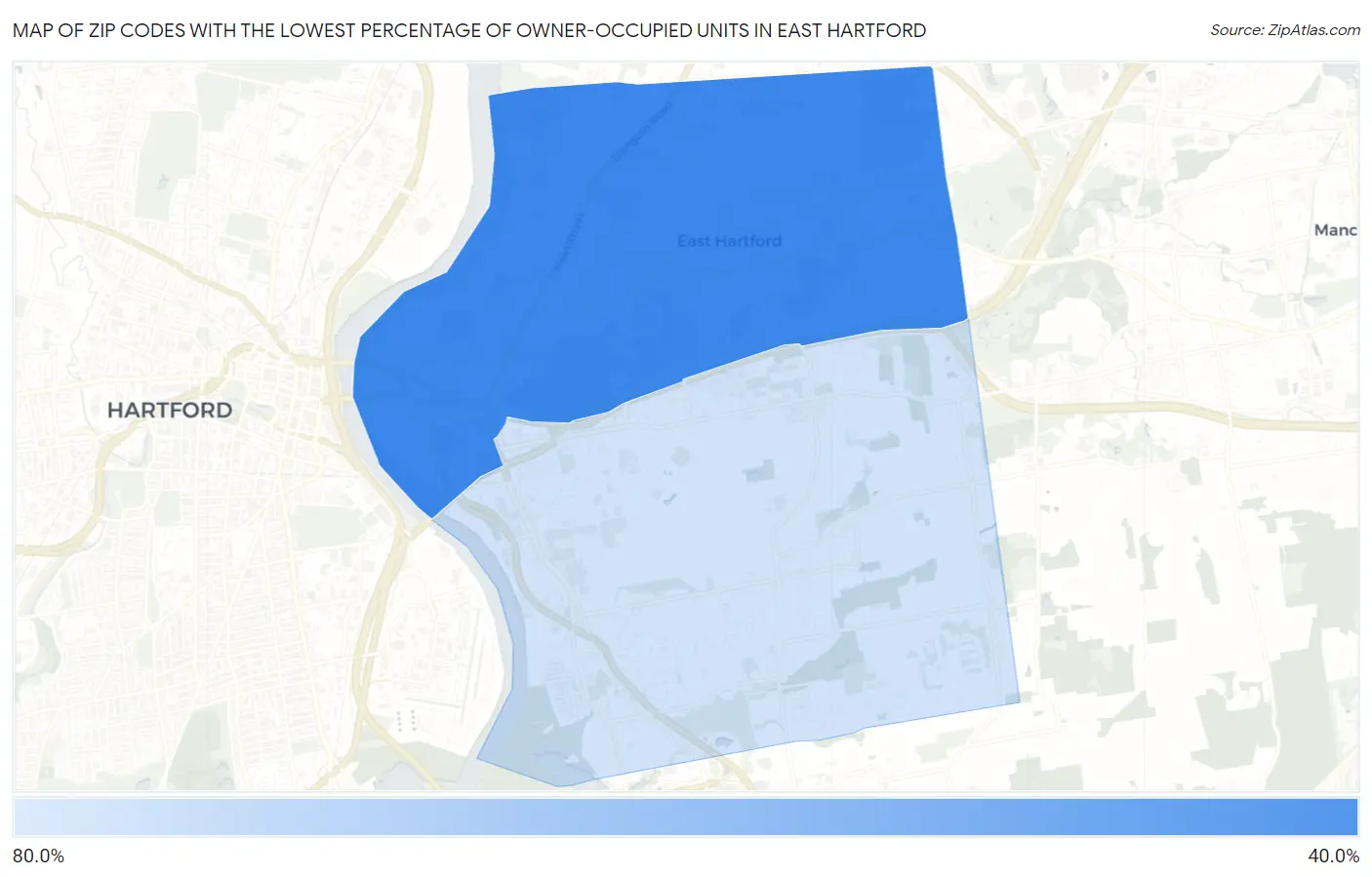 Zip Codes with the Lowest Percentage of Owner-Occupied Units in East Hartford Map
