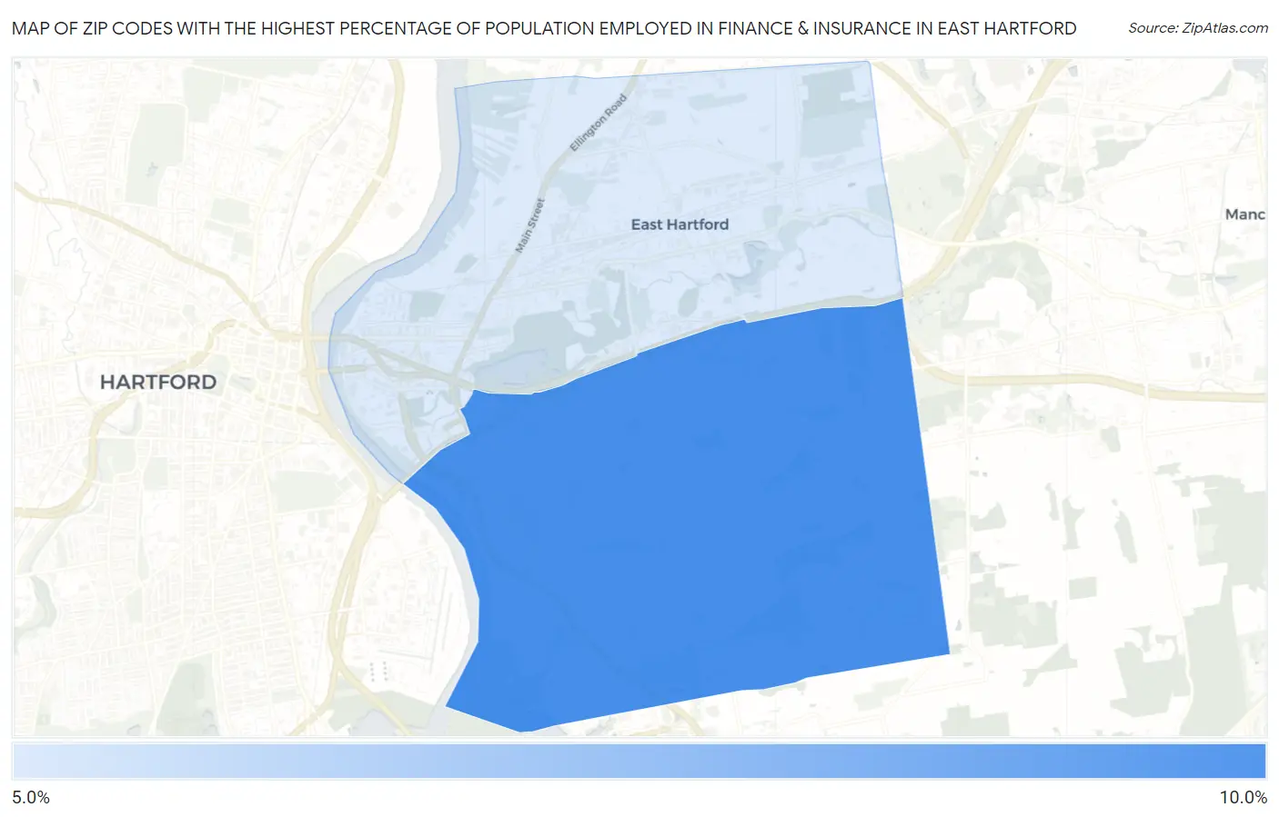 Zip Codes with the Highest Percentage of Population Employed in Finance & Insurance in East Hartford Map
