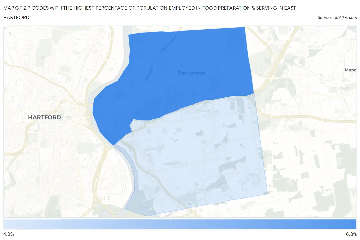 Zip Codes with the Highest Percentage of Population Employed in Food Preparation & Serving in East Hartford Map