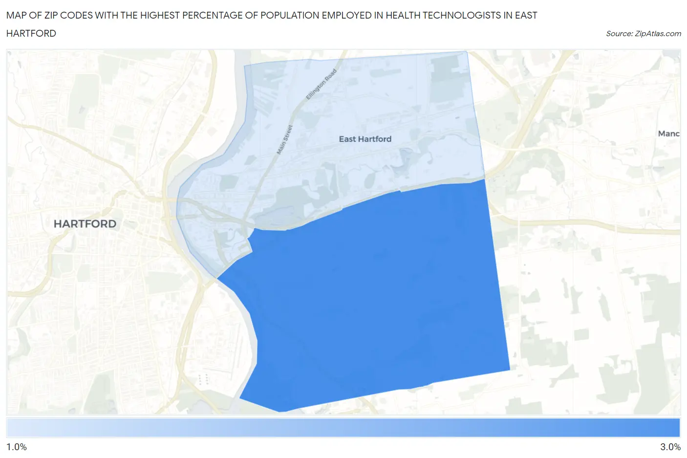Zip Codes with the Highest Percentage of Population Employed in Health Technologists in East Hartford Map