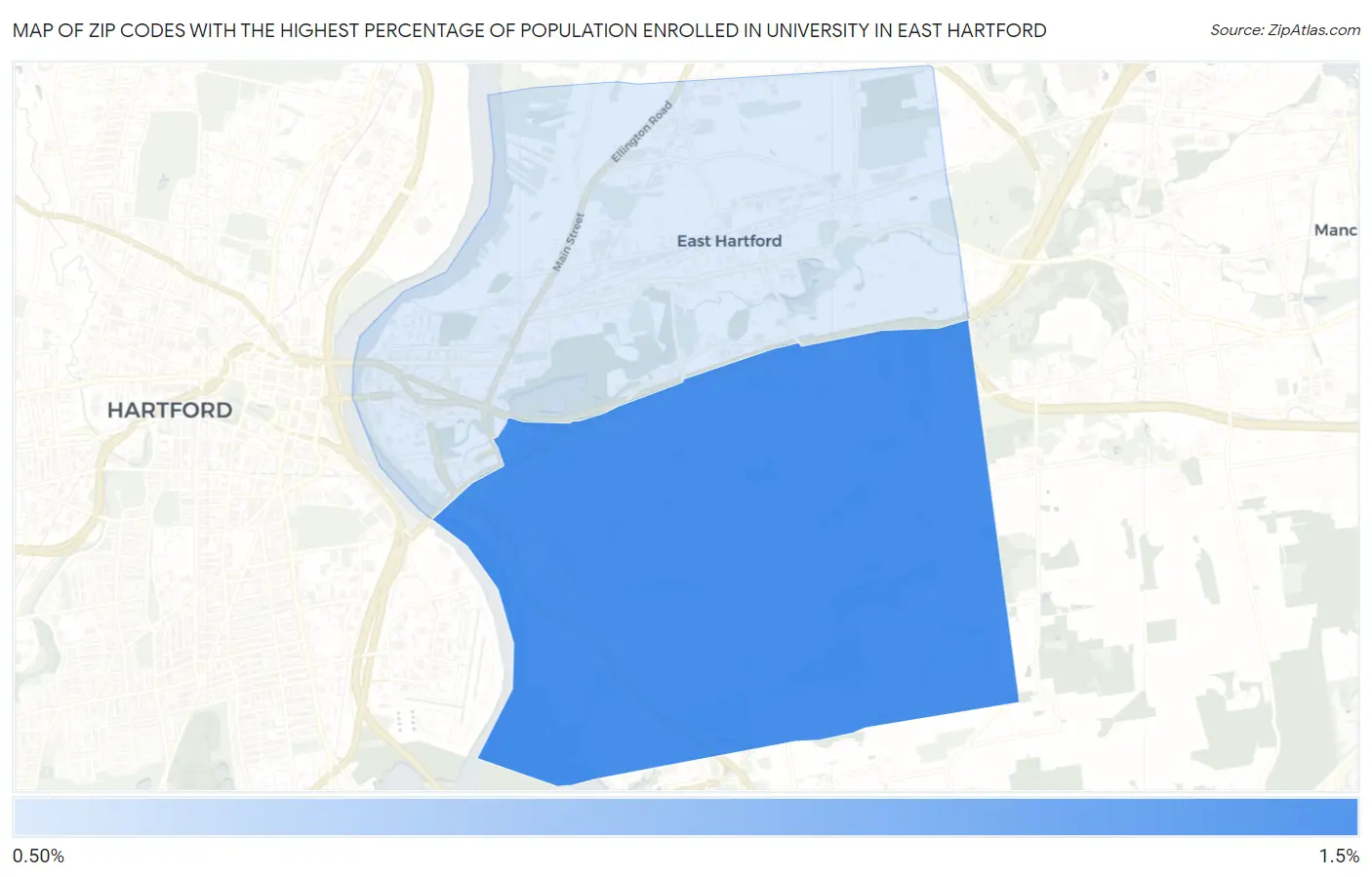Zip Codes with the Highest Percentage of Population Enrolled in University in East Hartford Map