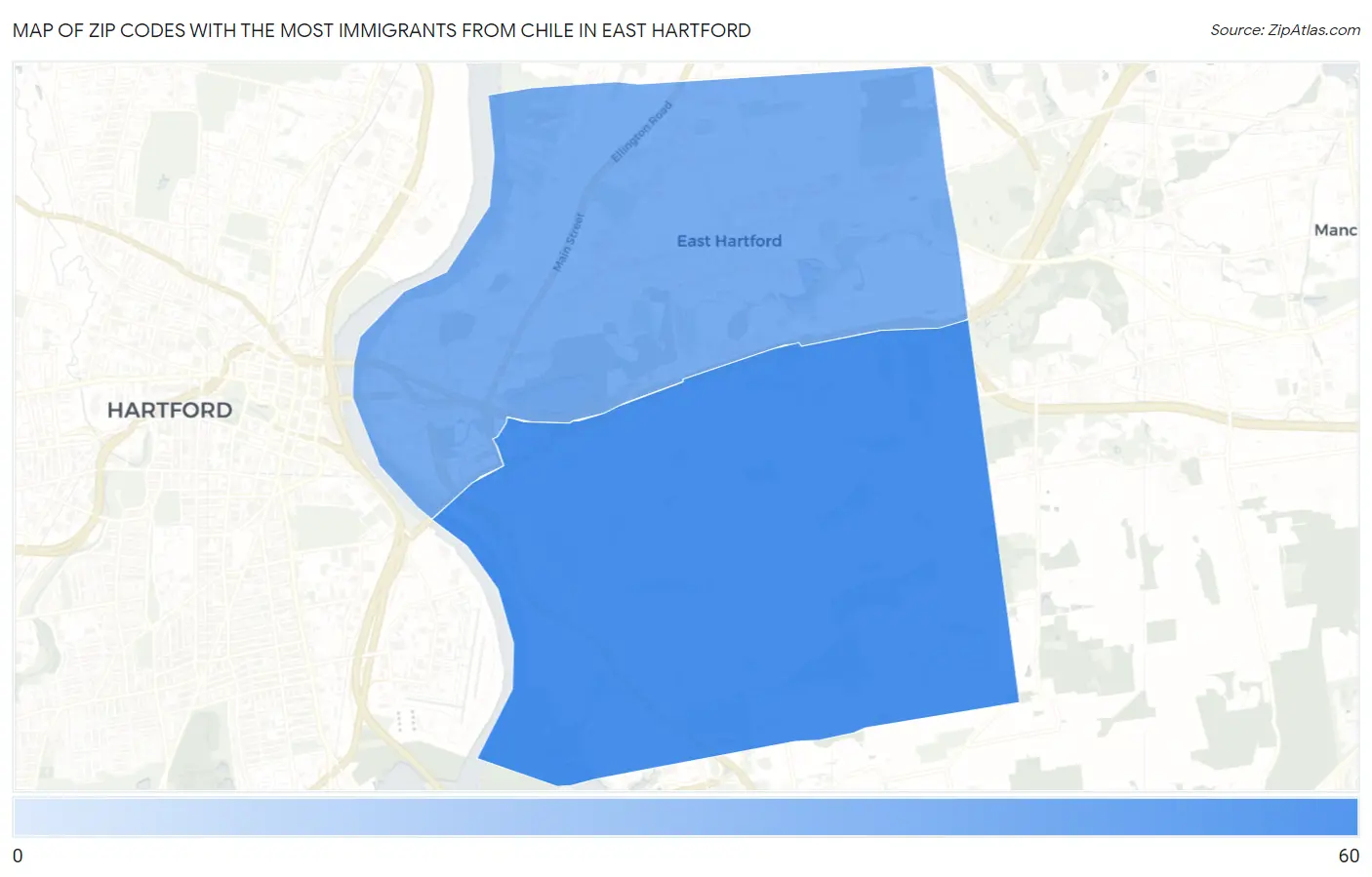 Zip Codes with the Most Immigrants from Chile in East Hartford Map