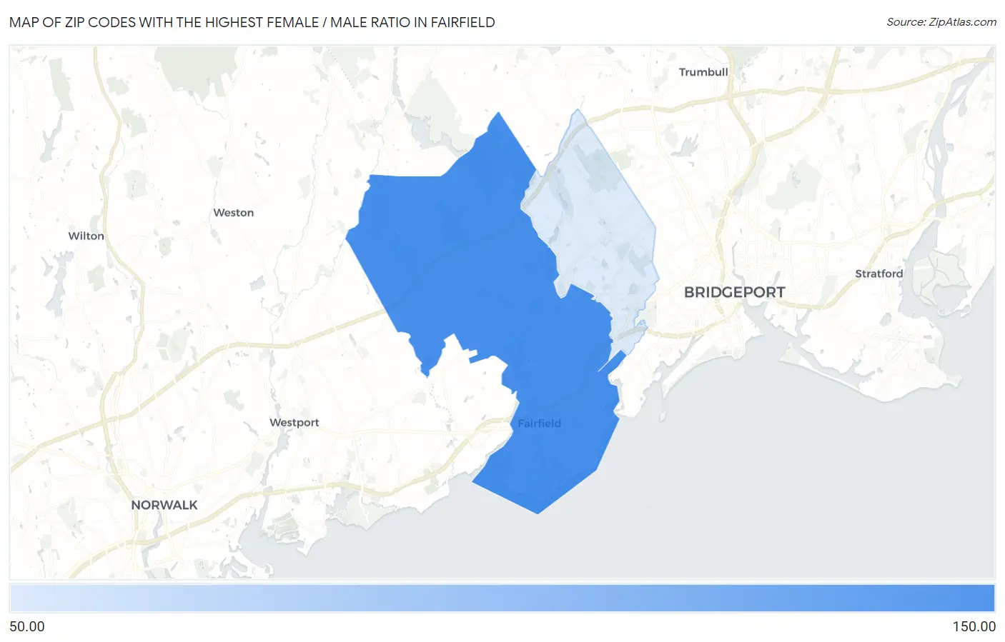 Zip Codes with the Highest Female / Male Ratio in Fairfield Map