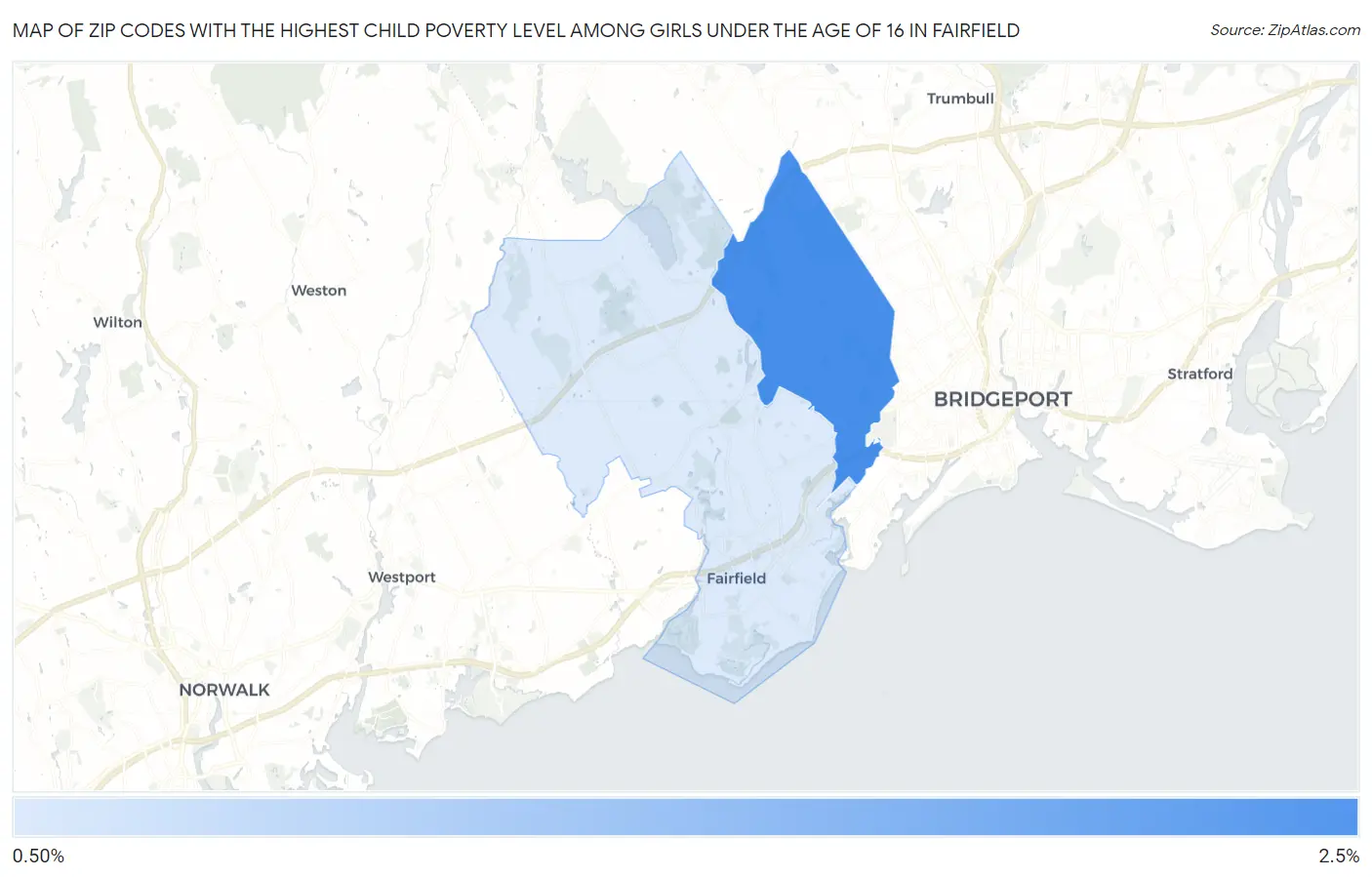Zip Codes with the Highest Child Poverty Level Among Girls Under the Age of 16 in Fairfield Map
