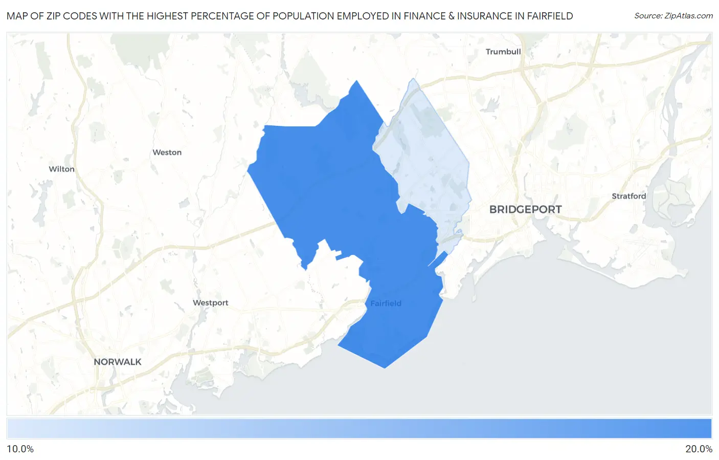 Zip Codes with the Highest Percentage of Population Employed in Finance & Insurance in Fairfield Map