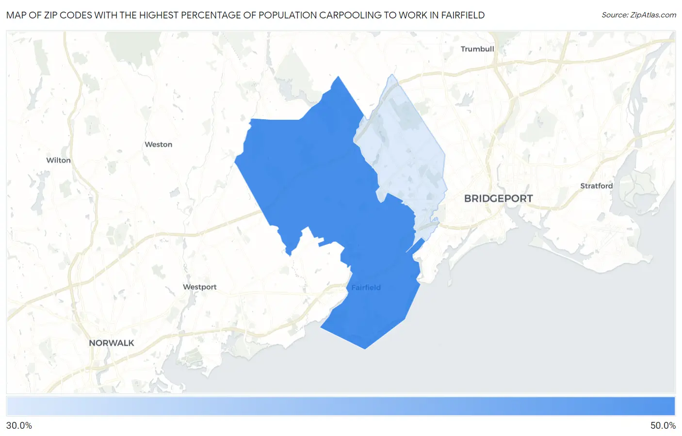 Zip Codes with the Highest Percentage of Population Carpooling to Work in Fairfield Map