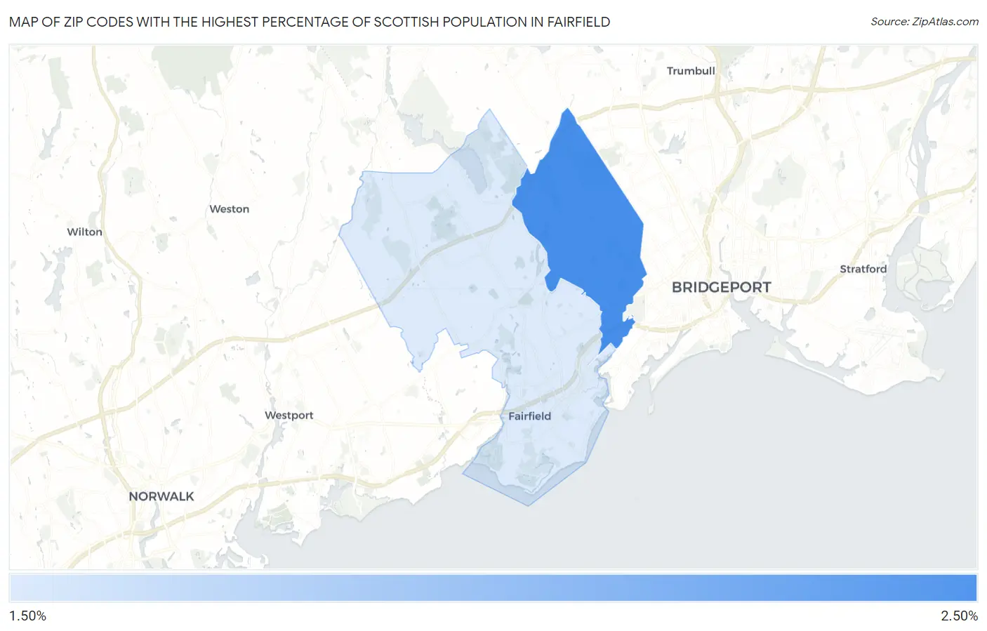 Zip Codes with the Highest Percentage of Scottish Population in Fairfield Map