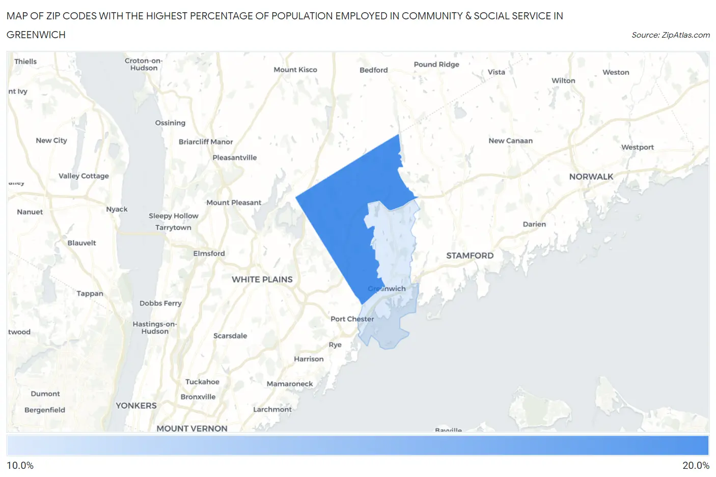 Zip Codes with the Highest Percentage of Population Employed in Community & Social Service  in Greenwich Map