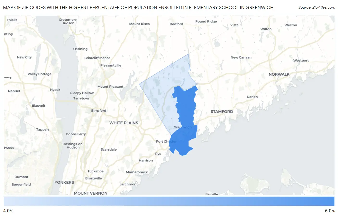 Zip Codes with the Highest Percentage of Population Enrolled in Elementary School in Greenwich Map