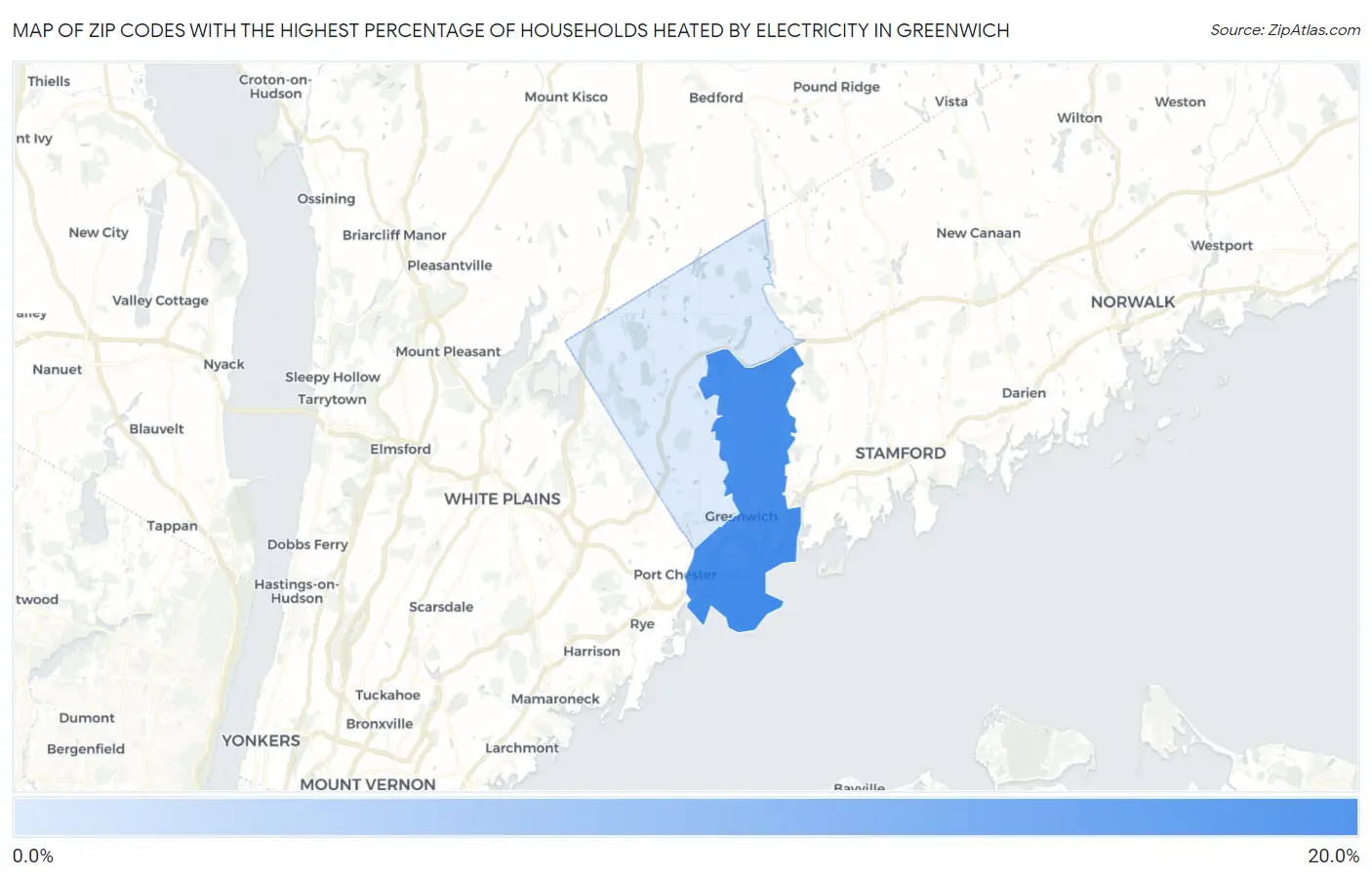 Zip Codes with the Highest Percentage of Households Heated by Electricity in Greenwich Map
