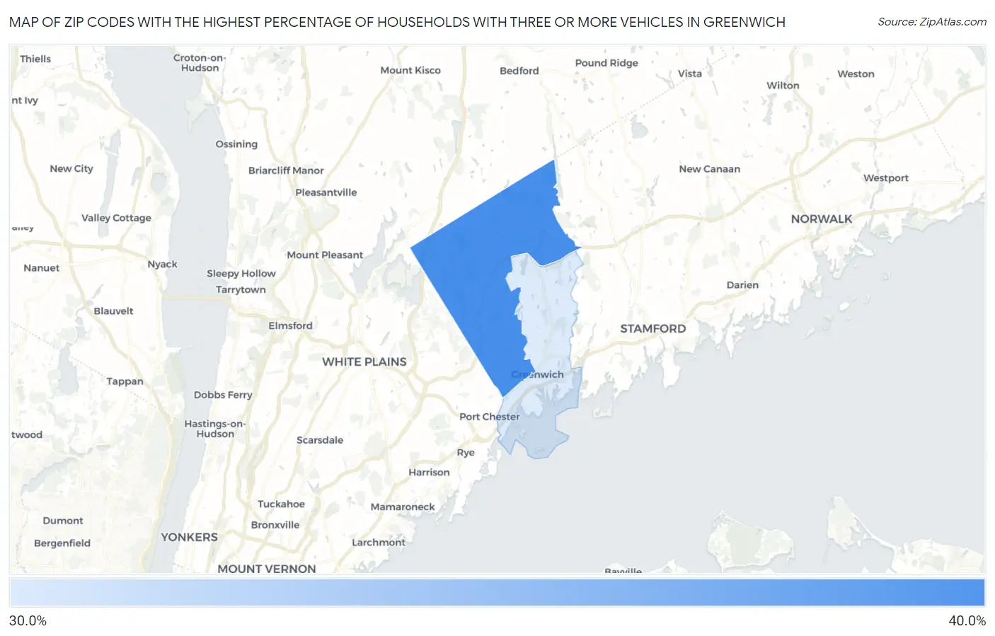 Zip Codes with the Highest Percentage of Households With Three or more Vehicles in Greenwich Map