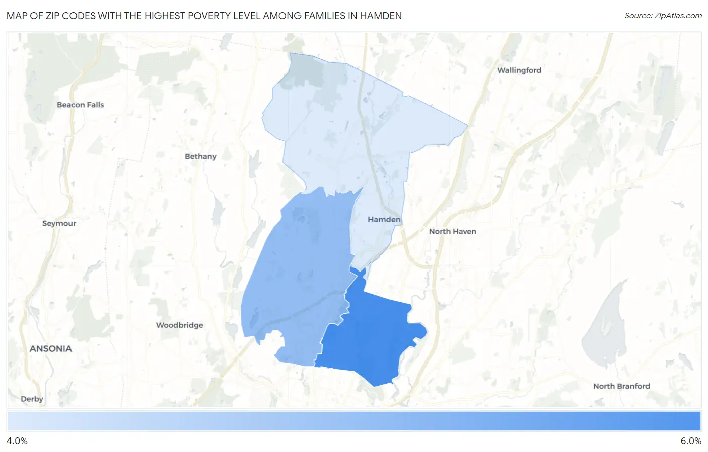 Zip Codes with the Highest Poverty Level Among Families in Hamden Map