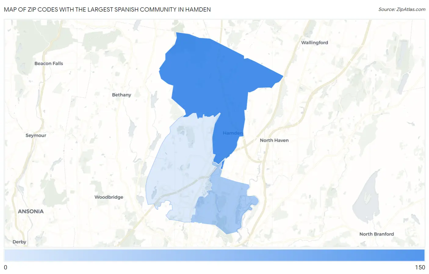 Zip Codes with the Largest Spanish Community in Hamden Map