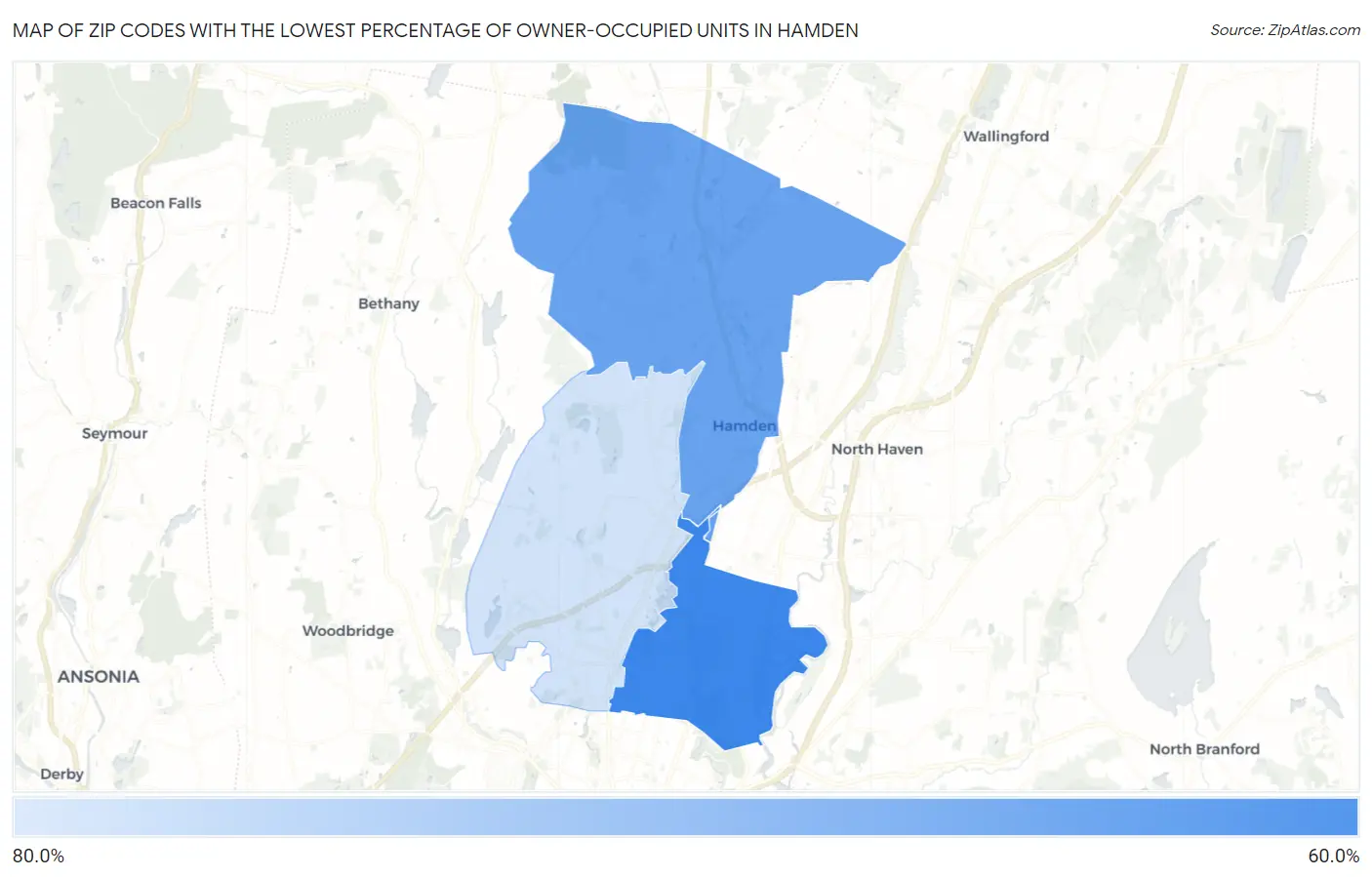 Zip Codes with the Lowest Percentage of Owner-Occupied Units in Hamden Map