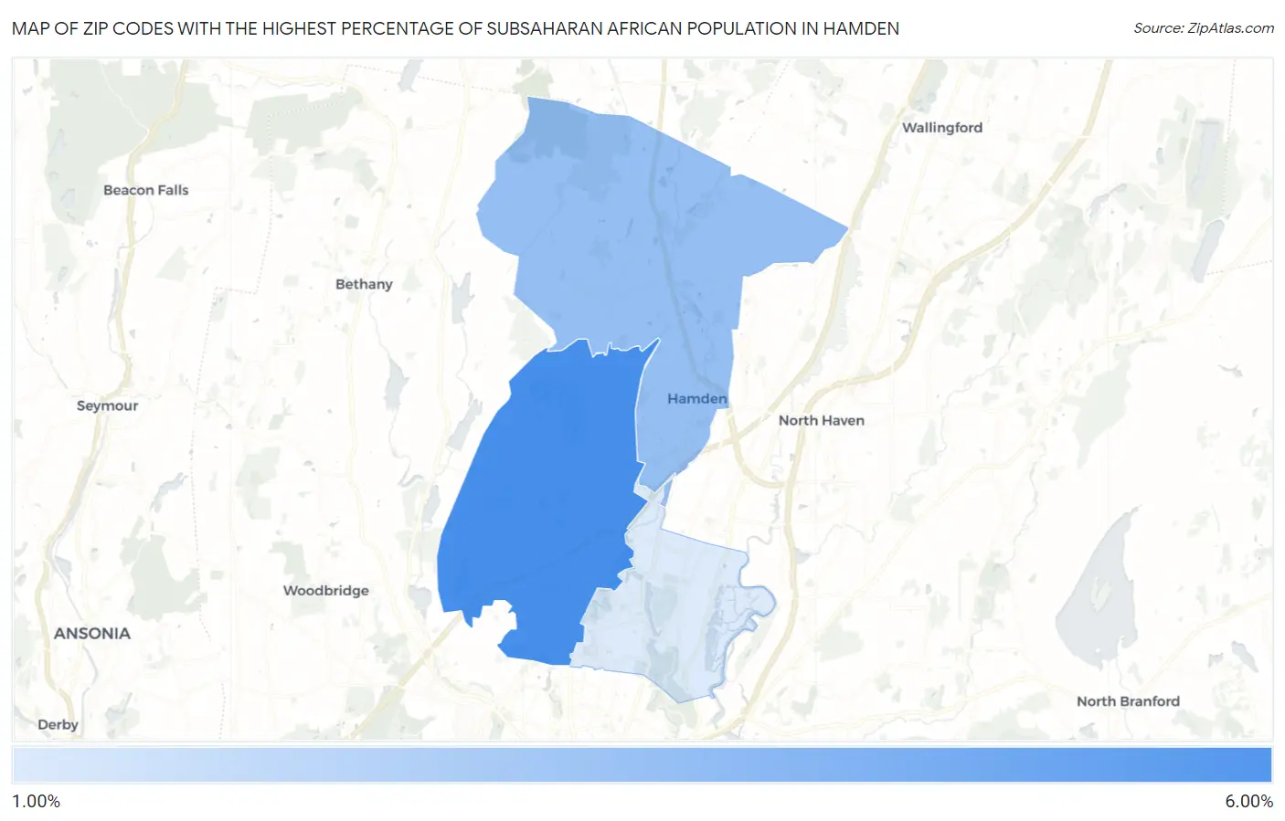 Zip Codes with the Highest Percentage of Subsaharan African Population in Hamden Map