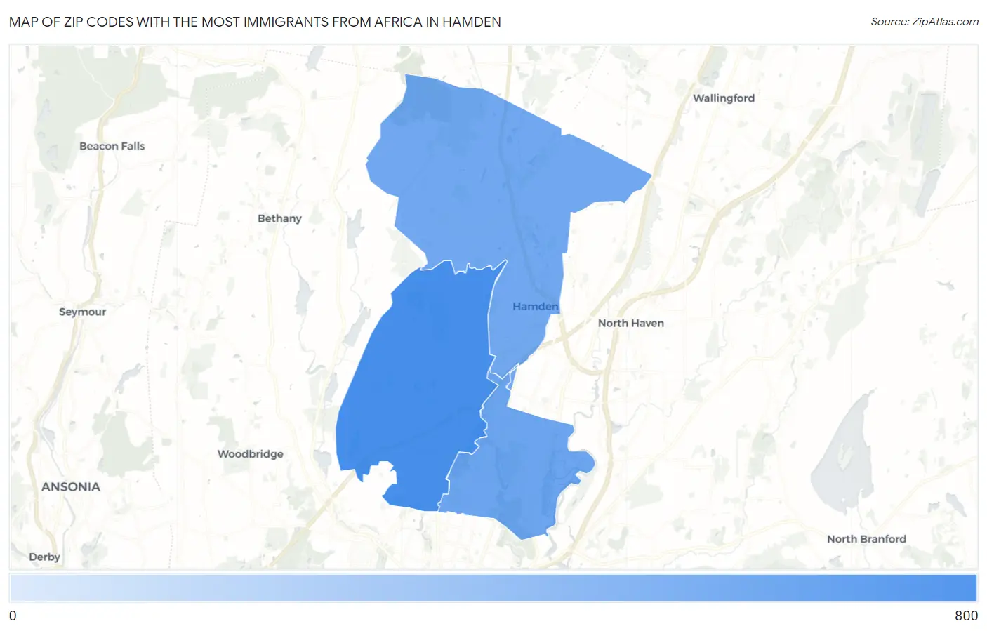 Zip Codes with the Most Immigrants from Africa in Hamden Map