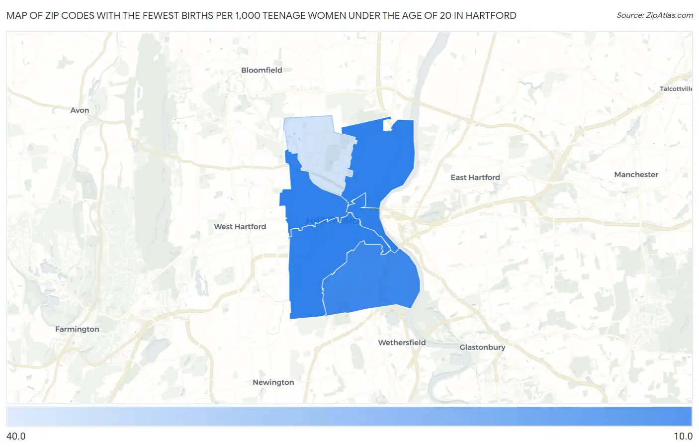 Zip Codes with the Fewest Births per 1,000 Teenage Women Under the Age of 20 in Hartford Map