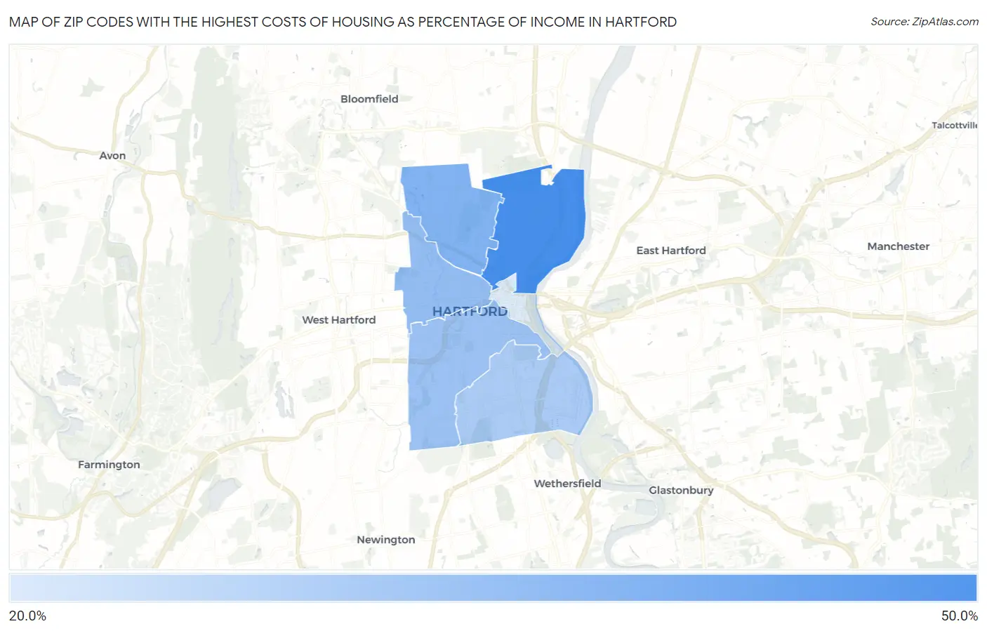 Zip Codes with the Highest Costs of Housing as Percentage of Income in Hartford Map