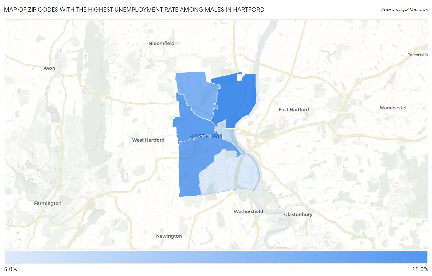 Zip Codes with the Highest Unemployment Rate Among Males in Hartford Map