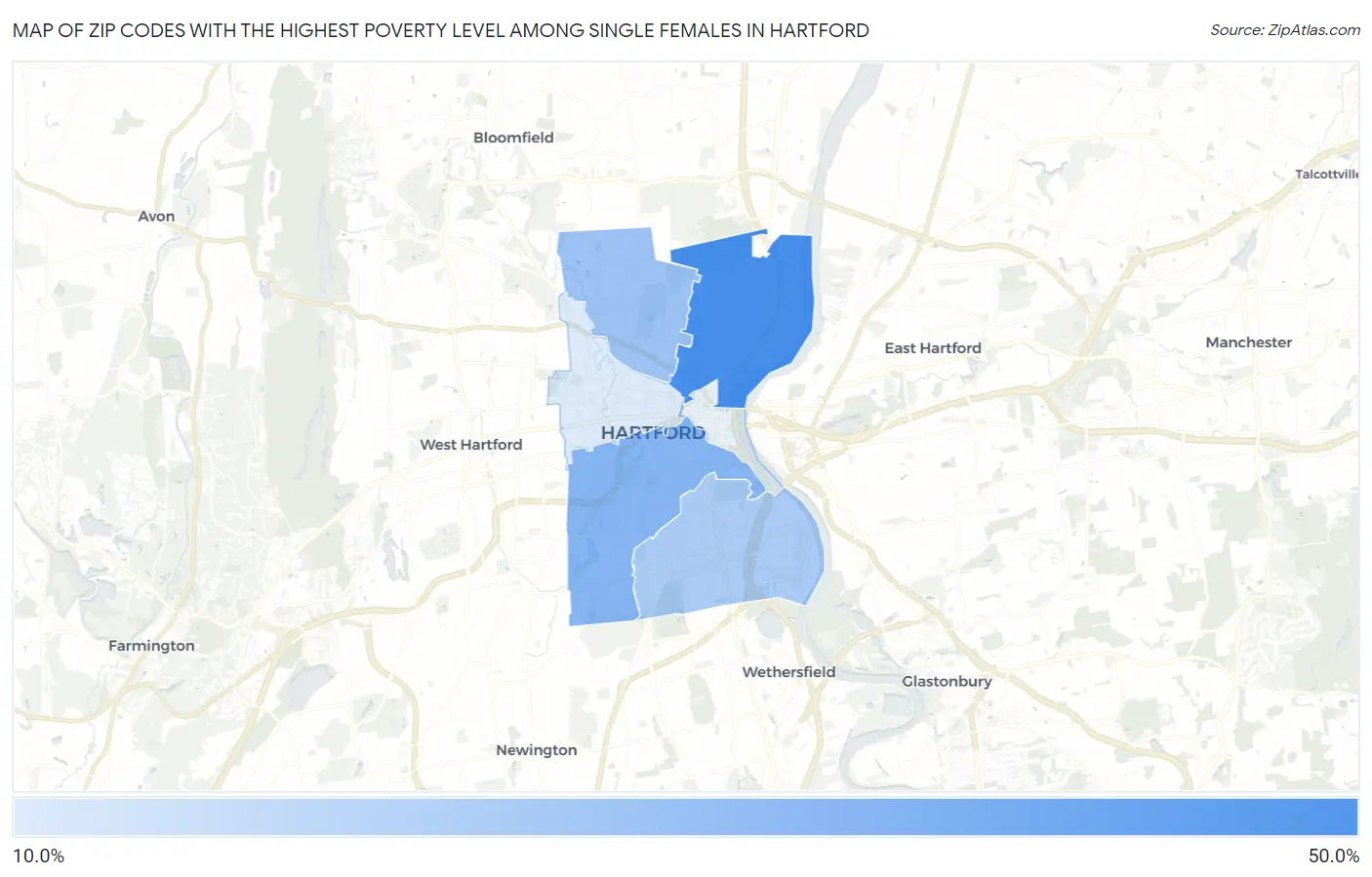 Zip Codes with the Highest Poverty Level Among Single Females in Hartford Map