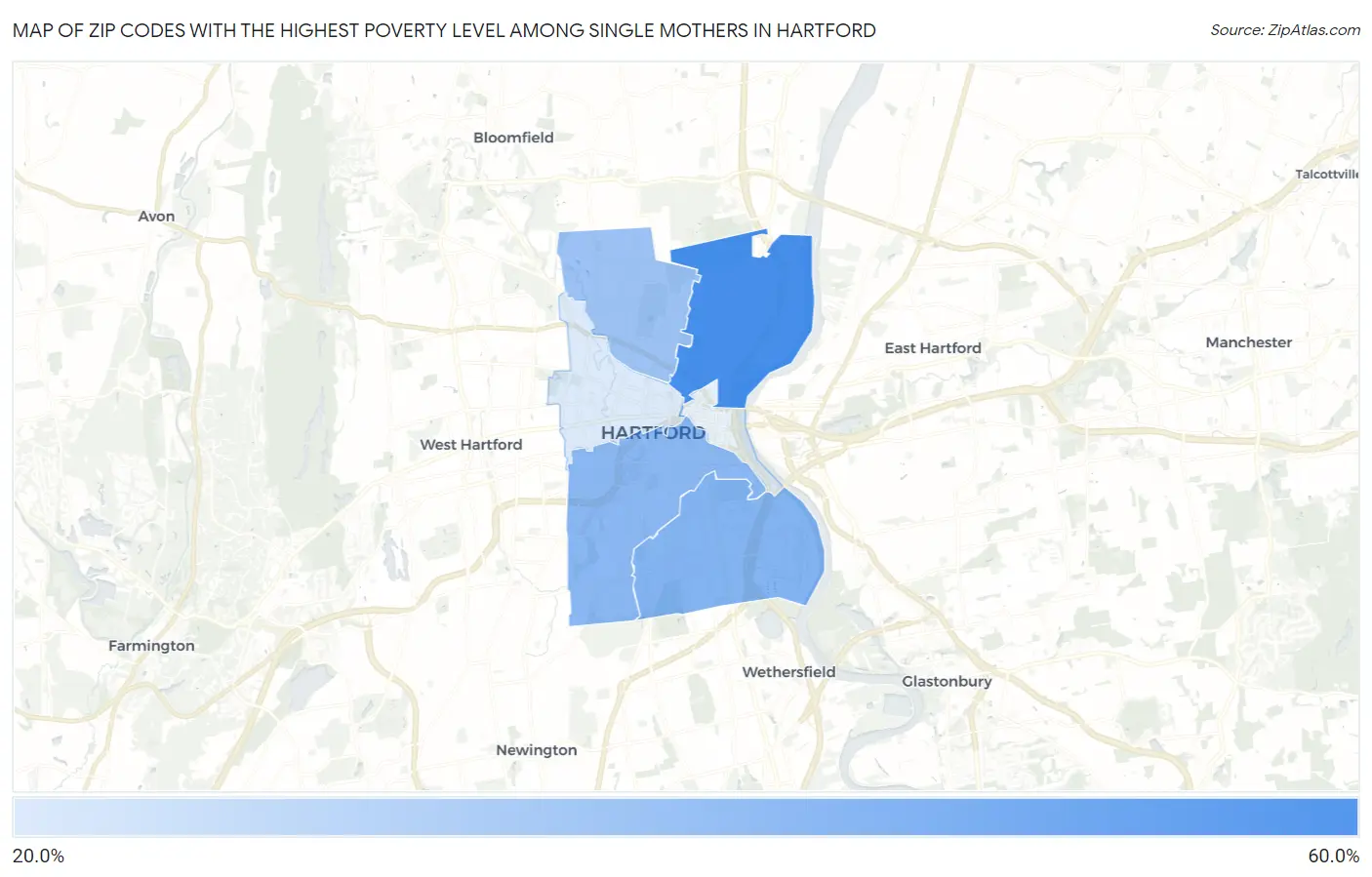 Zip Codes with the Highest Poverty Level Among Single Mothers in Hartford Map