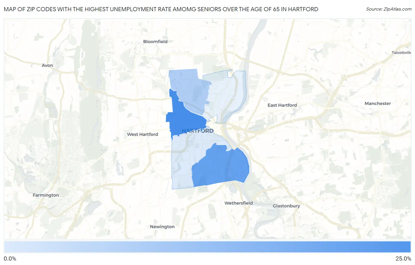 Zip Codes with the Highest Unemployment Rate Amomg Seniors Over the Age of 65 in Hartford Map