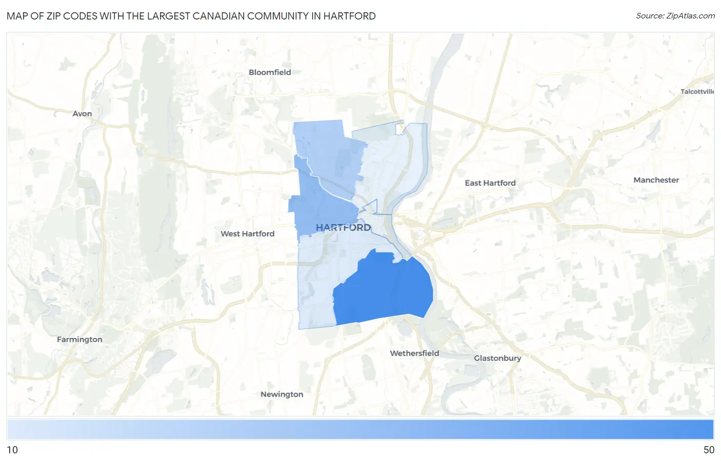 Zip Codes with the Largest Canadian Community in Hartford Map