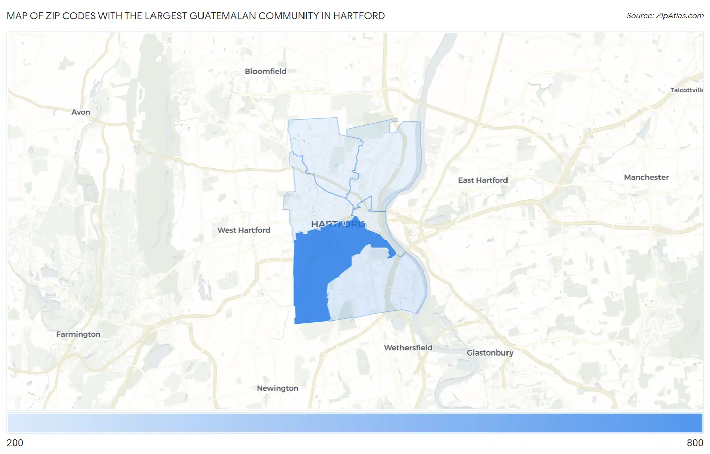 Zip Codes with the Largest Guatemalan Community in Hartford Map