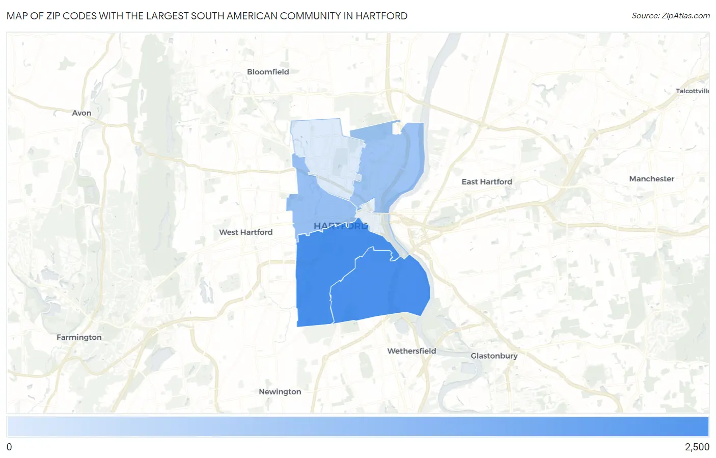 Zip Codes with the Largest South American Community in Hartford Map